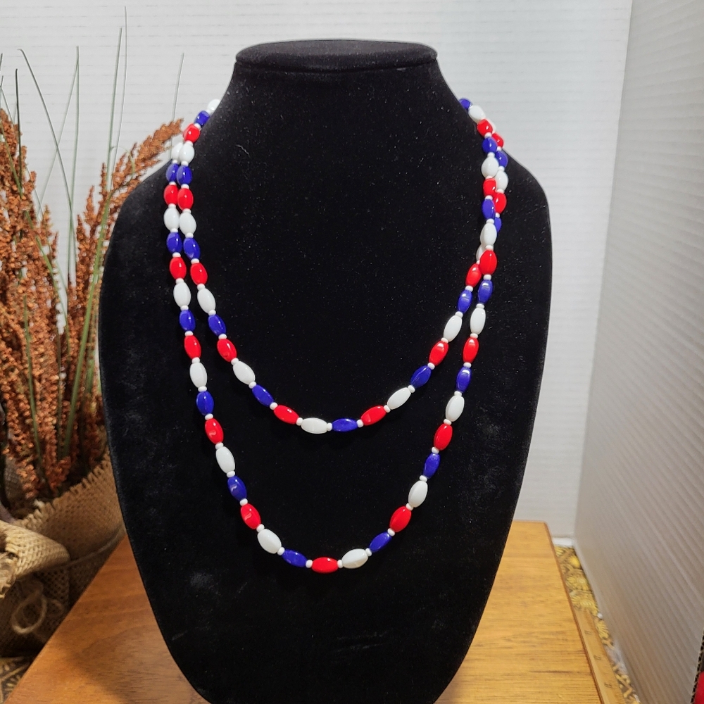 Vintage Red White and Blue Glass Bead Long Necklace